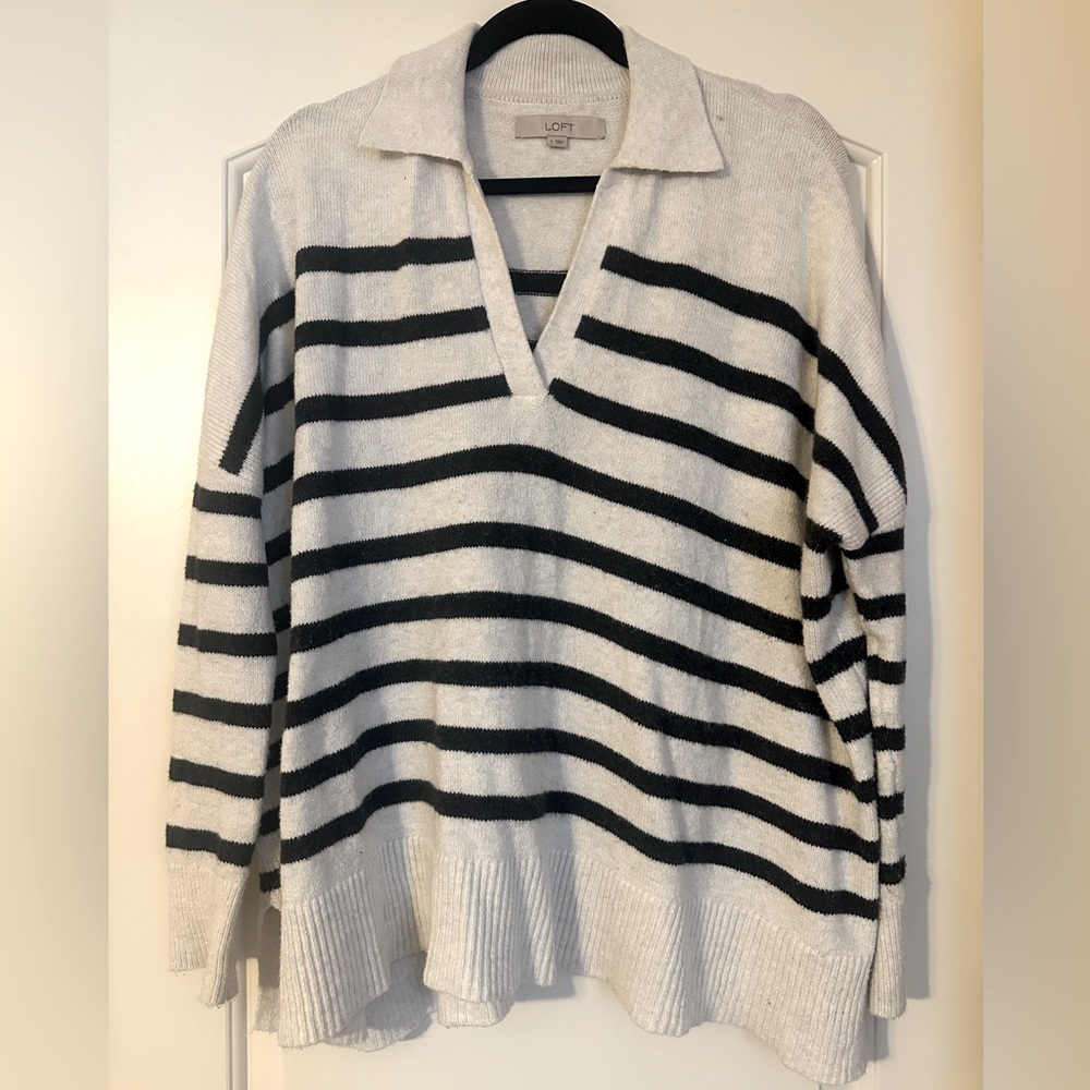 LOFT Black Striped V-Neck Sweater (Small)